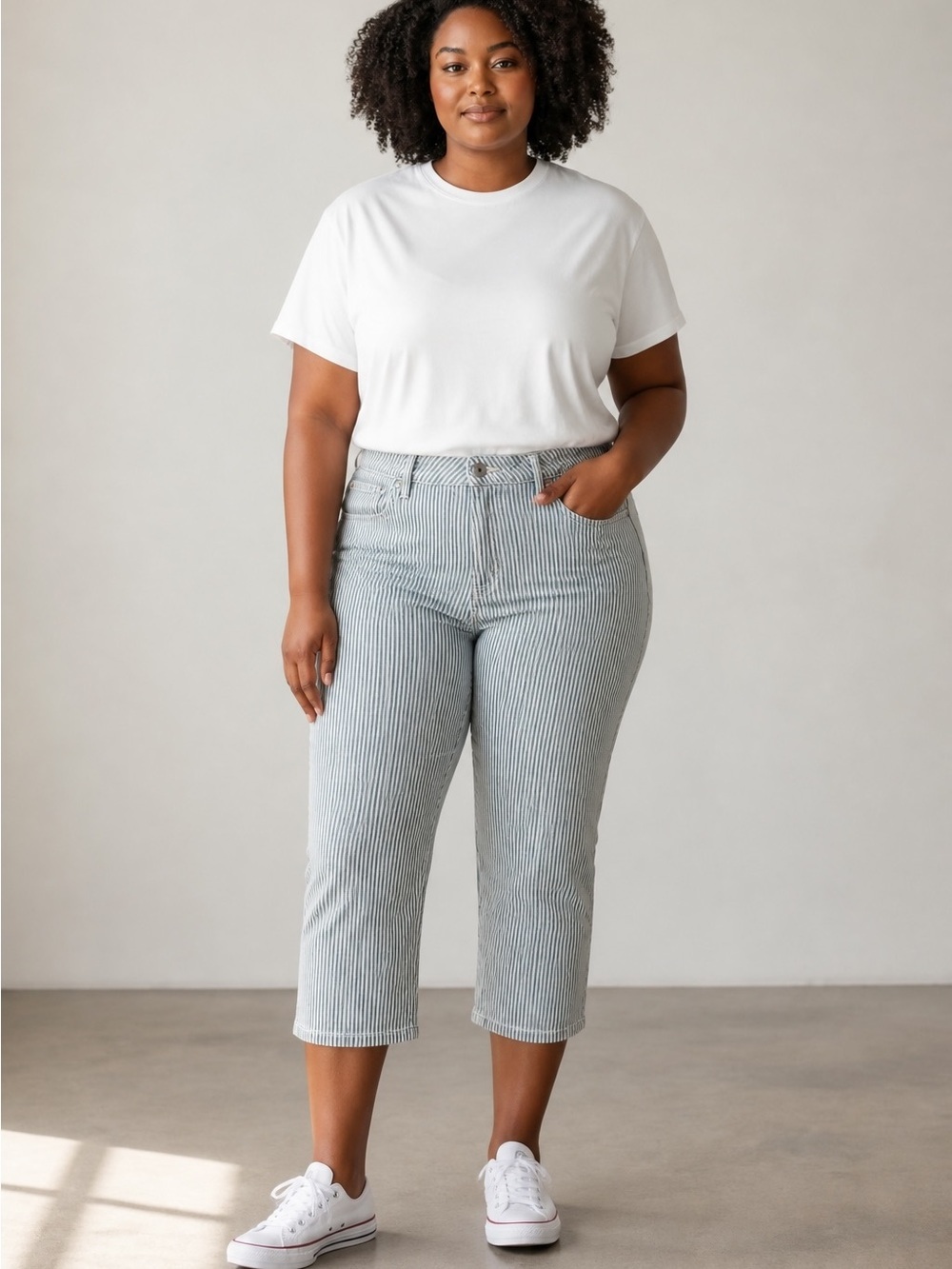 Style & Co. Striped “Curvy Capri” Jeans - White & Light Blue